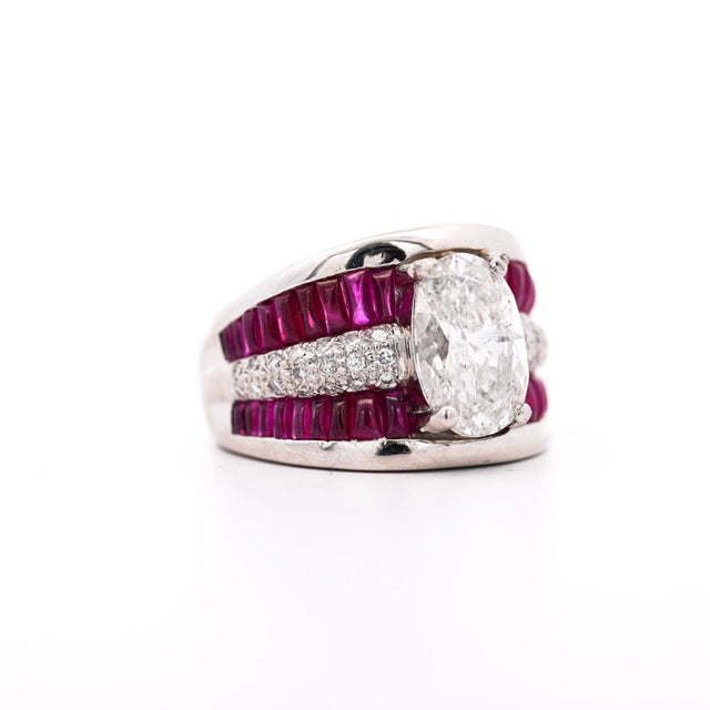 Modern Gia 4.43 Carat Oval G/I1 Diamond & Cabochon Ruby Platinum Vintage Ring, Size 8 For Sale - Image 3 of 10