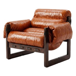 Mid Century Modern Leather Accent Chair, Upholstered Lounge Chair, Reading Armchair, Solid Wood Living Room Chair For Sale