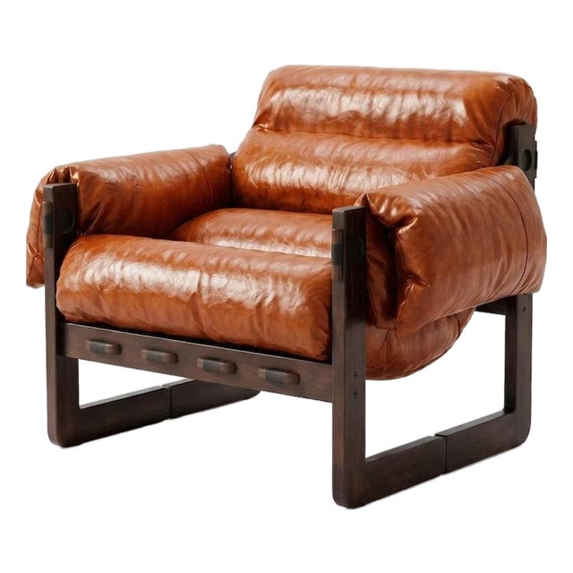 Mid Century Modern Leather Accent Chair, Upholstered Lounge Chair, Reading Armchair, Solid Wood Living Room Chair For Sale