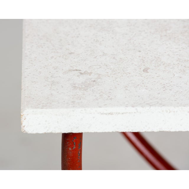 White Vintage Table With Limestone Top and Red Metal Base For Sale - Image 8 of 10