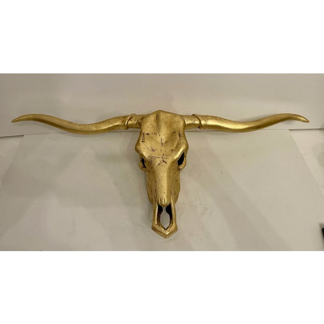 Large Metal Gold Gilt Leaf Finished Longhorn Steer Wall Hanging Sculpture. Hook on back for hanging. Good overall...