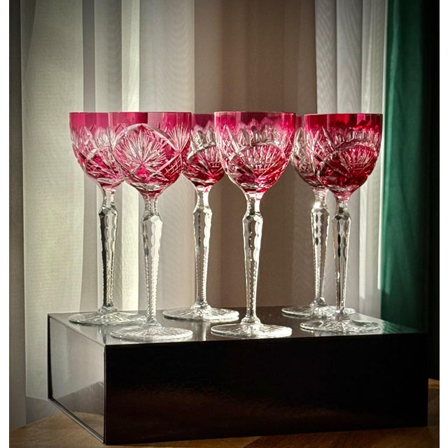 Ruby Cut Crystal Hock Glasses with Peacock and Starburst Cutting, 1950, Set of 6 For Sale - Image 17 of 18