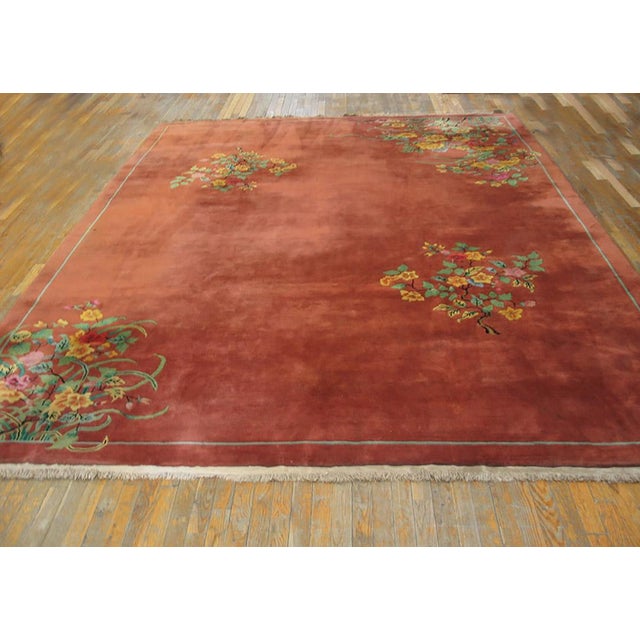 Antique Art Deco Chinese Floral Yellow 1920s Rug, Circa Date: 1920s. This exceptional example of early 20th-century...