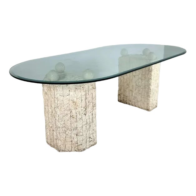 Natural Mactan Stone Dining Table with Glass Top, 1980s For Sale