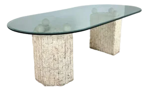 Natural Mactan Stone Dining Table with Glass Top, 1980s