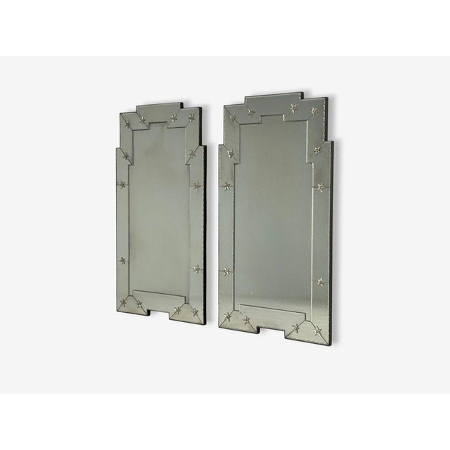 Hollywood Regency Style, Venetian Wall, Console, or Pier Mirrors, Antiqued Glass, Beveled, 21st C. This sophisticated pair...