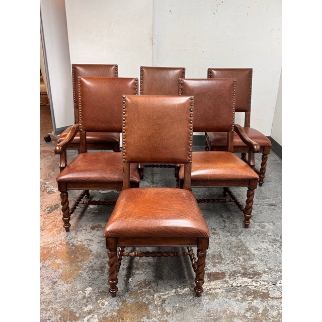 Design Plus Gallery presents a Set of Six Barley Twist Leather Dining Chairs from Stanley Furniture. The set includes two...