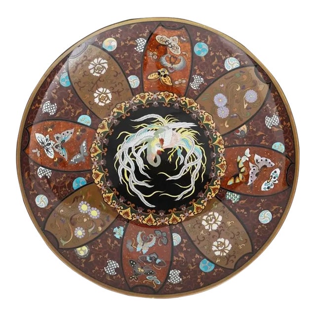 Antique Japanese Cloisonne Enamel Charger Plate With a Phoenix Bird Attributed to Honda Yosaburo For Sale