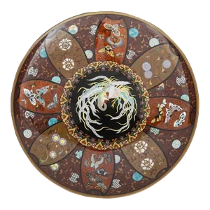 Antique Japanese Cloisonne Enamel Charger Plate With a Phoenix Bird Attributed to Honda Yosaburo