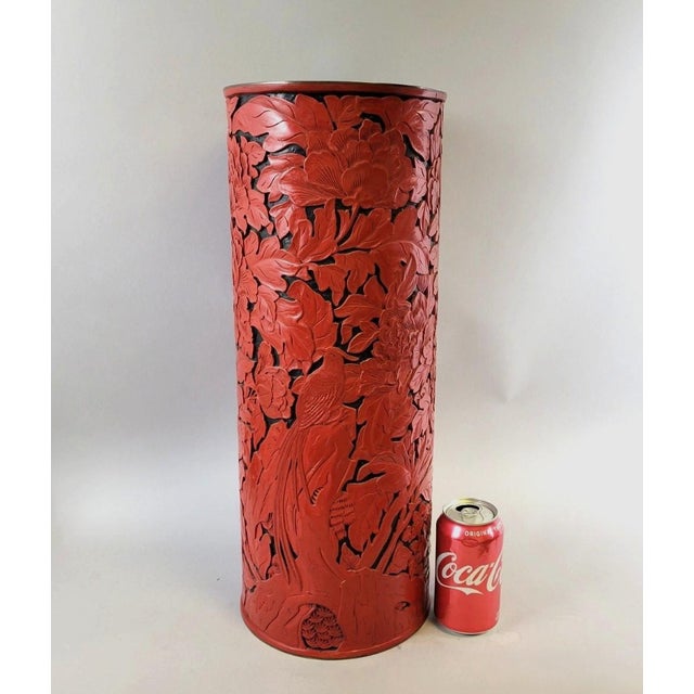 Large Beijing Carved Red Cinnabar-Style Lacquer Floor Vase or Umbrella Stand With Peonies & Pheasant For Sale - Image 10 of 12