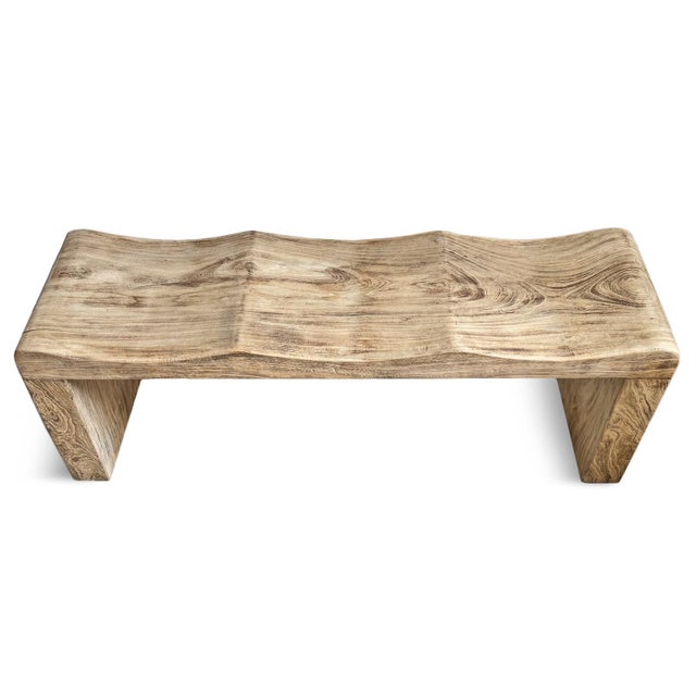 Wood Coastal Modern Washed Teak Wave Bench For Sale - Image 7 of 8