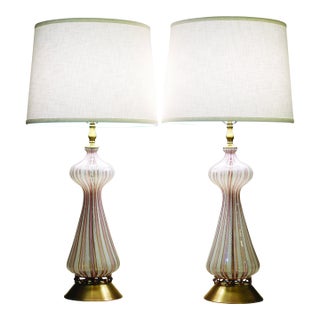 1960 Large White & Pink Barovier Toso Murano Italy Latticino Blown Art Glass Brass Table Lamps - a Pair For Sale