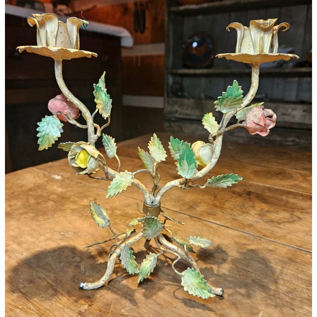 Mid 20th Century Vintage Italian Toleware Two Arm Candelabra For Sale - Image 5 of 12