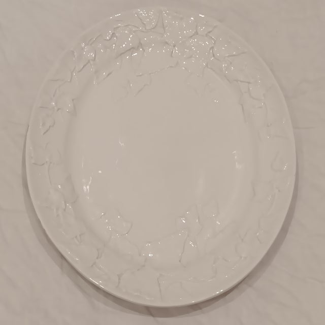 Large Vintage White Oval Ceramic Platter With Embossed Leaf Design. Made in Italy For Sale - Image 12 of 13