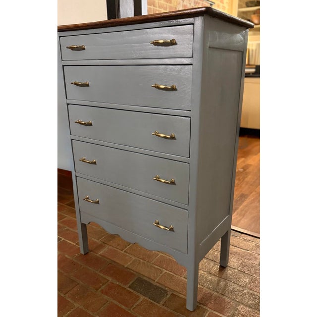 Traditional Vintage Solid Wood 5-Drawer Tallboy Dresser in Custom Blue Chateau For Sale - Image 3 of 13