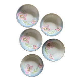 1940s German Porcelain Poppy Bowls 5.375 Inch Hand Painted Floral Dessert Berry Bowls - Set of 5 For Sale