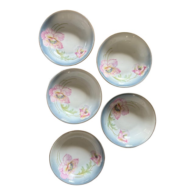 1940s German Porcelain Poppy Bowls 5.375 Inch Hand Painted Floral Dessert Berry Bowls - Set of 5 For Sale