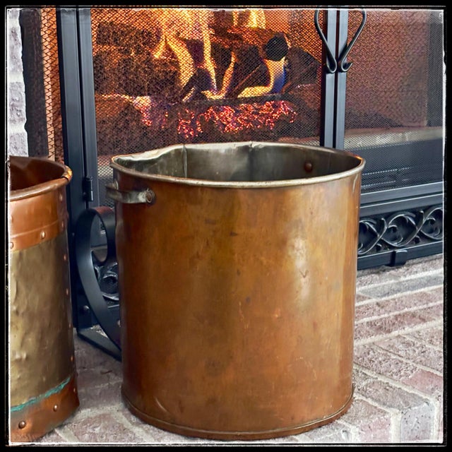 An authentic 19th-century antique copper pot/boiler, highly suited today as a rustic fireplace log bin, kindling scuttle,...