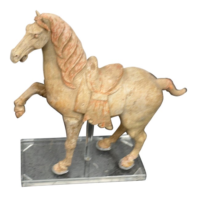 Antique Pottery Tang Dynasty Style Horse + Lucite Stand For Sale