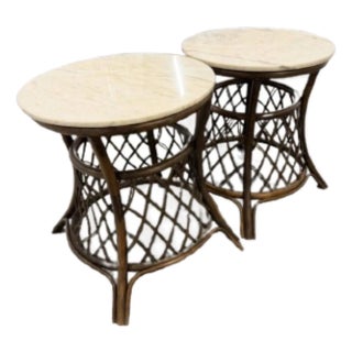1960s Vintage Bamboo and Marble Accents Tables - A Pair For Sale