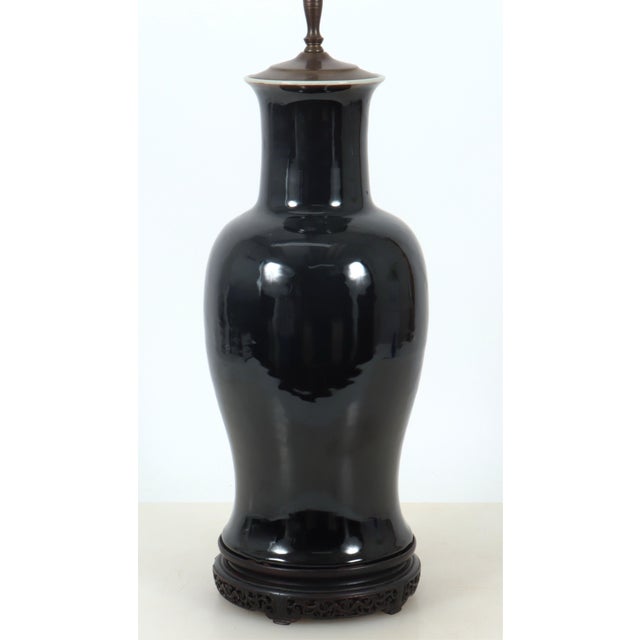Ceramic Chinese Late Qing Mirror Black Monochrome Porcelain Baluster Vase Mounted as a Table Lamp For Sale - Image 7 of 8