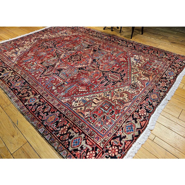 19th Century Persian Heriz Serapi Rug, Hand-Knotted Wool, Geometric Pattern, Red & Green Vegetable Dyes, 9x12 For Sale - Image 11 of 13