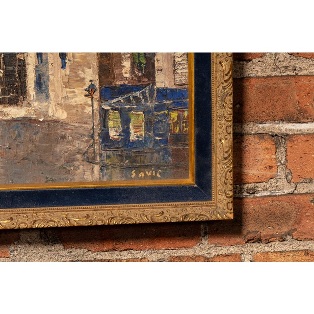 Textile Mid 20th Century Rainy Cityscape | Framed Savic Oil Painting For Sale - Image 7 of 8
