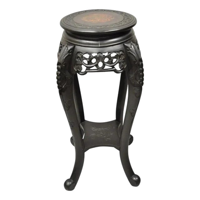 Early 20th Century Japanese Carved Wood Black Ebonized 28" Plant Stand Lacquer Top Side Table For Sale