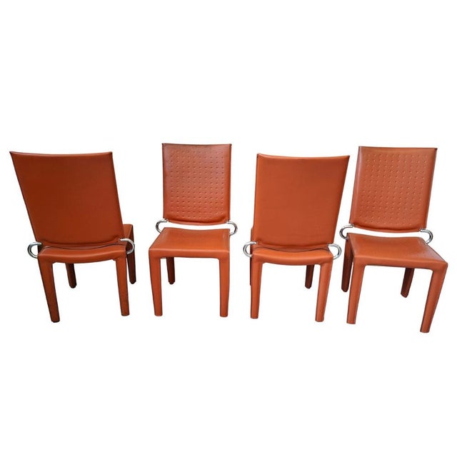 Vintage Chairs in Orange Leather and Iron, 1980, Set of 4 For Sale - Image 4 of 11