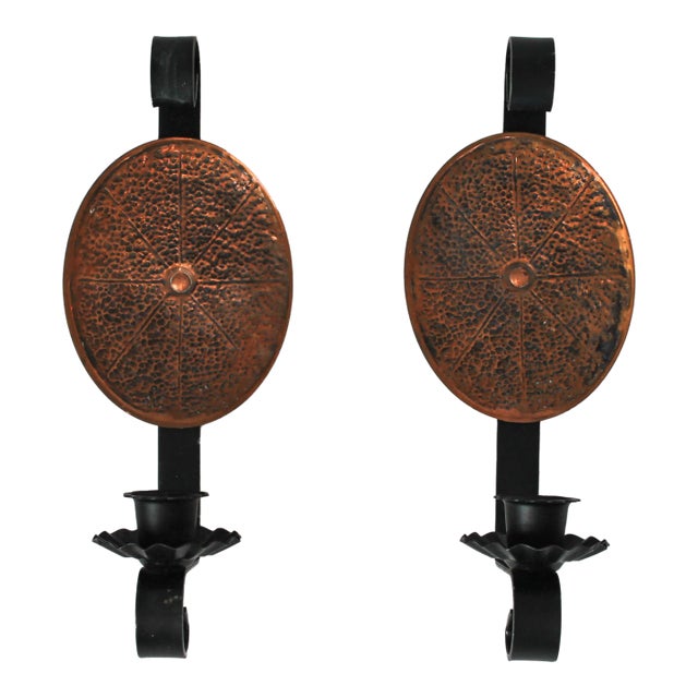 Vintage Pair of Copper and Metal Candle Wall Sconces For Sale