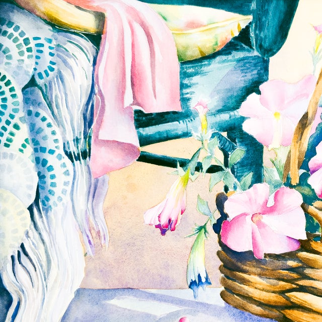 Illustration Still Life of Basket of Flowers and Arm Chair - Tomoko Parry, C. 1990s For Sale - Image 3 of 10