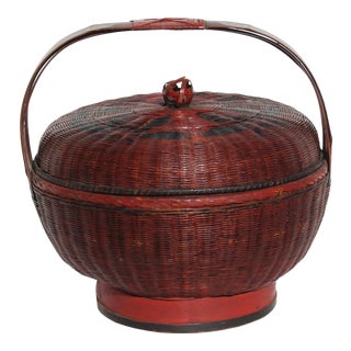 Oriental Handmade Reddish Brown Rattan Basket With Handle For Sale