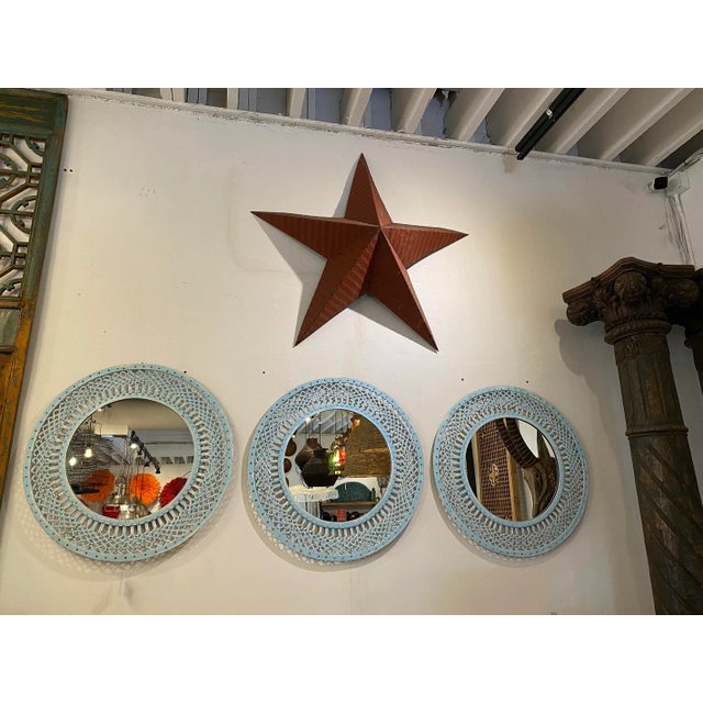 Late 20th Century Vintage Coastal Farmhouse Iron Baby Blue Mirror For Sale - Image 5 of 5