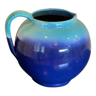 Leoncini Florence Italy Large Round Pottery Pitcher Vase Planter Cobalt Aqua Blue For Sale