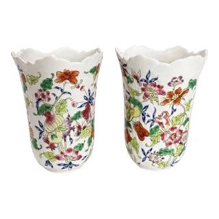 Pair Early 20th C Famille Rose Floral 6” Enamel Chinese Scalloped Vase Vases For Sale