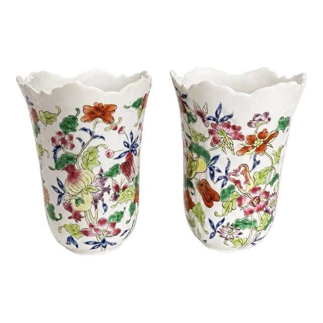 Pair Early 20th C Famille Rose Floral 6” Enamel Chinese Scalloped Vase Vases For Sale