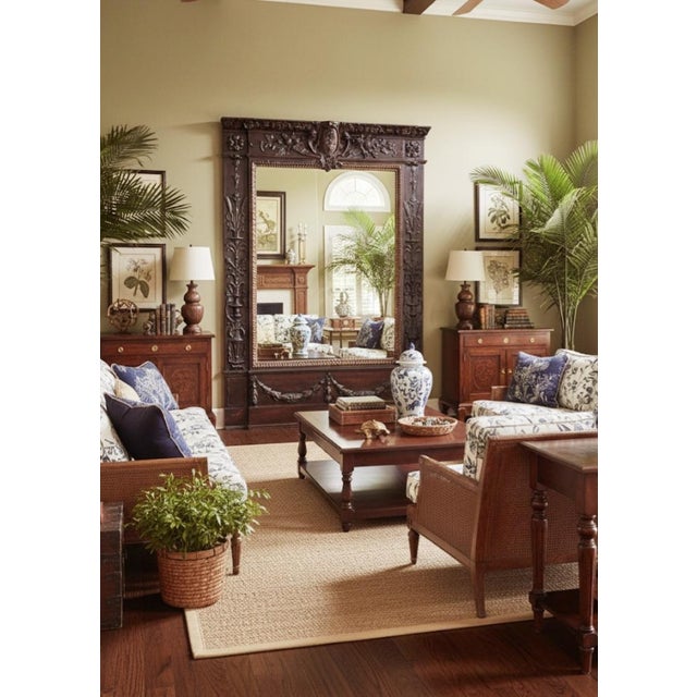 Labarge Vintage Monumental French Estate Pier Style Decorative Dark Faux Wood Finish Wall Floor Mirror For Sale - Image 4 of 11