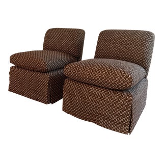 A. Rudin Billy Baldwin Style Slipper Chairs Newly Upholstered in Espresso Brown Raoul Textiled Obi Linen Fabric- a Pair For Sale