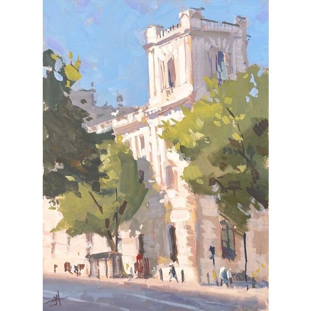12 Downing Morning by Judd Mercer | Gouache Painting of a building with trees and pedestrians For Sale