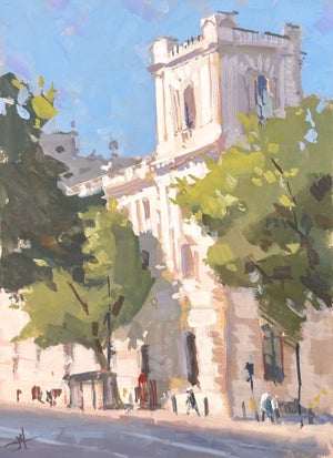 12 Downing Morning by Judd Mercer | Gouache Painting of a building with trees and pedestrians
