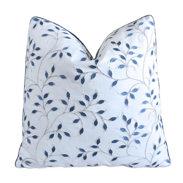 French Country Designer Page Turner Embroidered Blue Leaf Botanical Feather/Down Pillow For Sale - Image 3 of 7