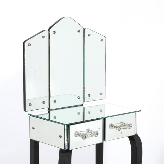 Art Deco Hollywood Mirrored Trifold Ebonized Cabriole Leg Vanity W/ Glass Pulls For Sale - Image 13 of 18