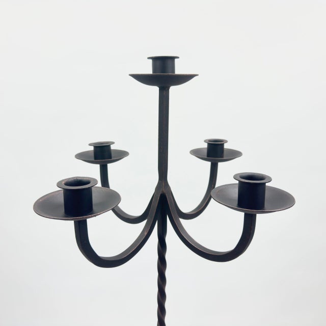 2020s Hand Forged Iron Floor Candelabra 47.5″ (121cm) Antique Copper Patina 3-Arm Wide Base Stable Candle Holder Rustic Decor For Sale - Image 5 of 7
