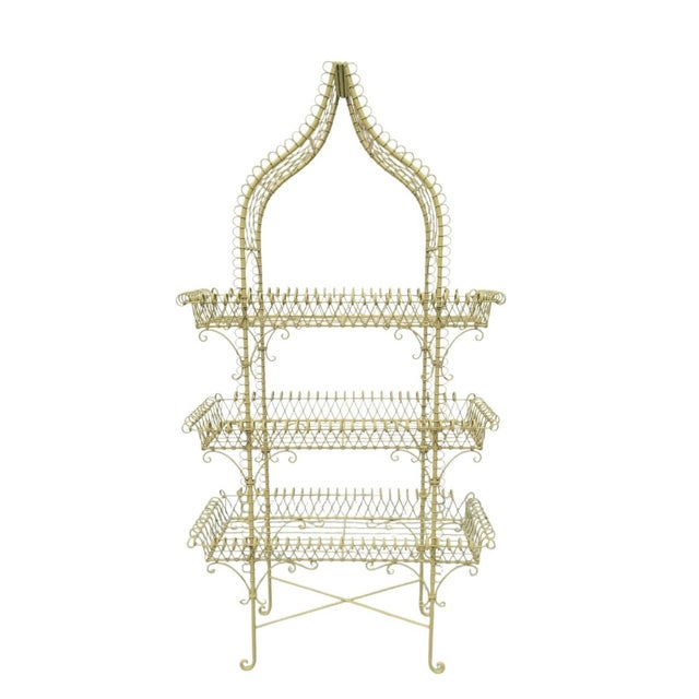Vintage French Country Yellow Palm Beach Regency Pagoda Wire Bakers Rack Plant Stand For Sale - Image 10 of 13