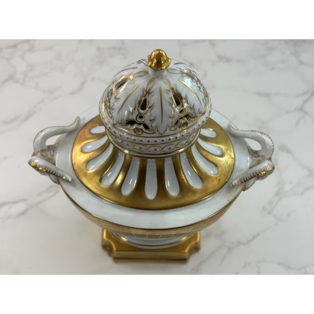 Late 19th Century Antique Dresden Porcelain Urn Vase With Figural Ram Handles & Reticulated Lid For Sale - Image 5 of 12