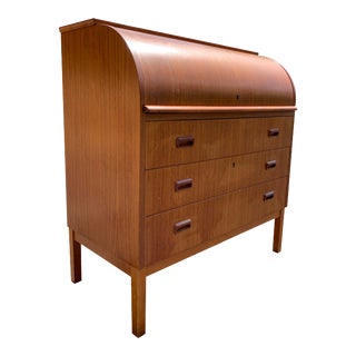 Modern Teak Rolltop Writing Desk Made in Sweden For Sale