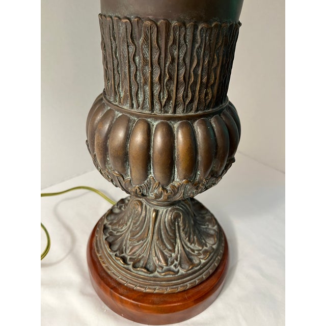 Mid 20th Century Bronze Urn Turned Vase Lamp With Wood Trim and Linen Shade For Sale - Image 4 of 10