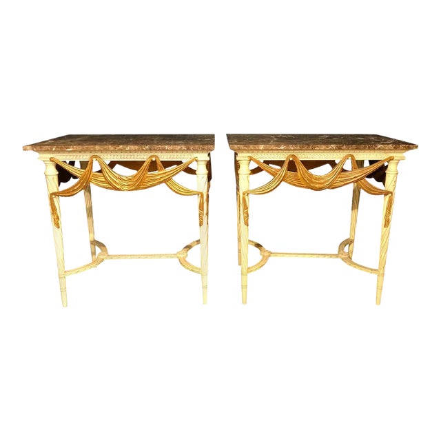 Dorothy Draper Console Sofa or End Tables, Parcel Gilt & Paint Decorated - a Pair For Sale
