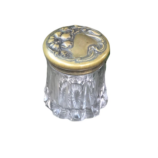 Antique Art Nouveau Heavy Glass Ornate Floral Brass Lid Humidor Jar For Sale - Image 12 of 12