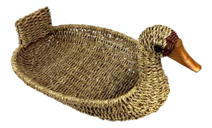 1990s Artisan Sculptural Rush Reed Duck Basket